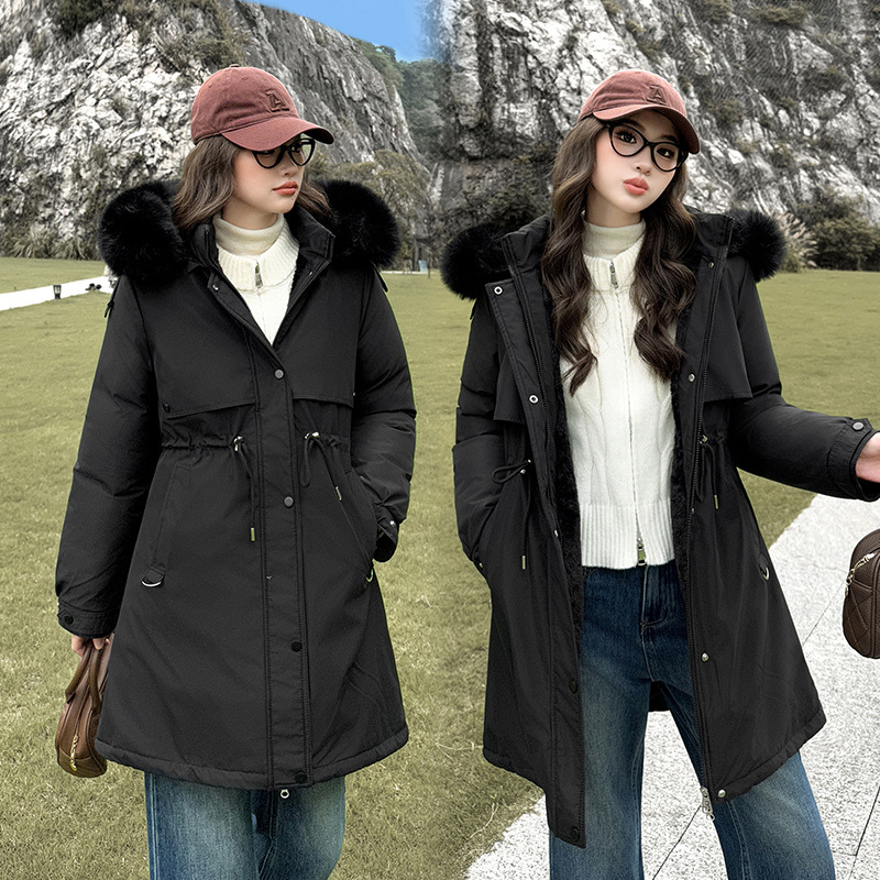 2025 invierno extraíble sombrero para superar el nuevo estilo de mujer de estilo largo y medio con camisa de algodón gruesa y delgada chaqueta de algodón