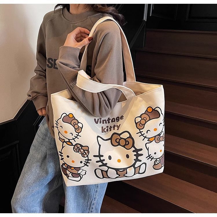 Cartoon canvas single-shoulder bag, women's large-capacity commuter tote bag, Spring/Summer 2025, cute cat tote bag, cross-border undefined