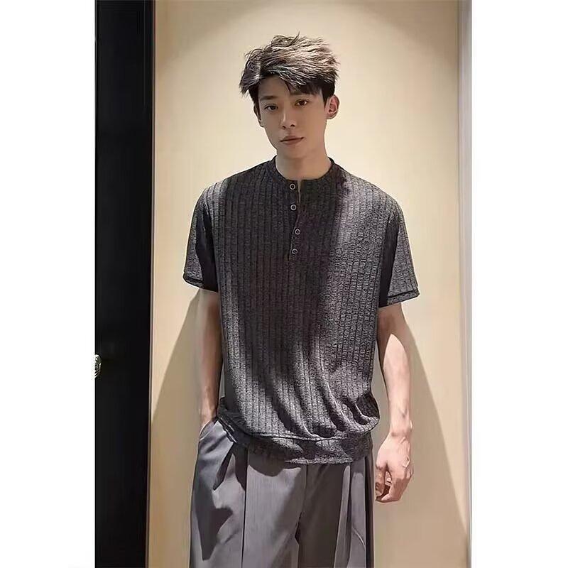 Popular summer style, cool and stylish old money style, breathable loose-fitting Henry collar short-sleeve T-shirt for men, high-end thin breathable shirt 3