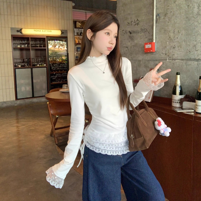 Cream White Double-Layer Lace Splicing Half Turtleneck Long-Sleeved T-Shirt for Women in Autumn and Winter Slim Drawstring Inner Velvet Top