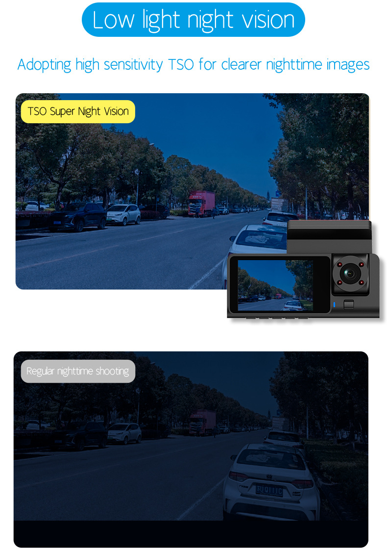 Cross-border driving recorder HD 1080P car front car rear 2 inch three-lens car camera A7WiFi