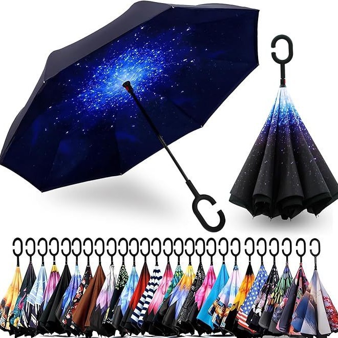 Reverse Umbrella with Long Handle and Straight Pole, C-Shaped Reverse Umbrella, Large Double-Person Car Umbrella, Sun and Rain Umbrella, Gift Customization, Advertising