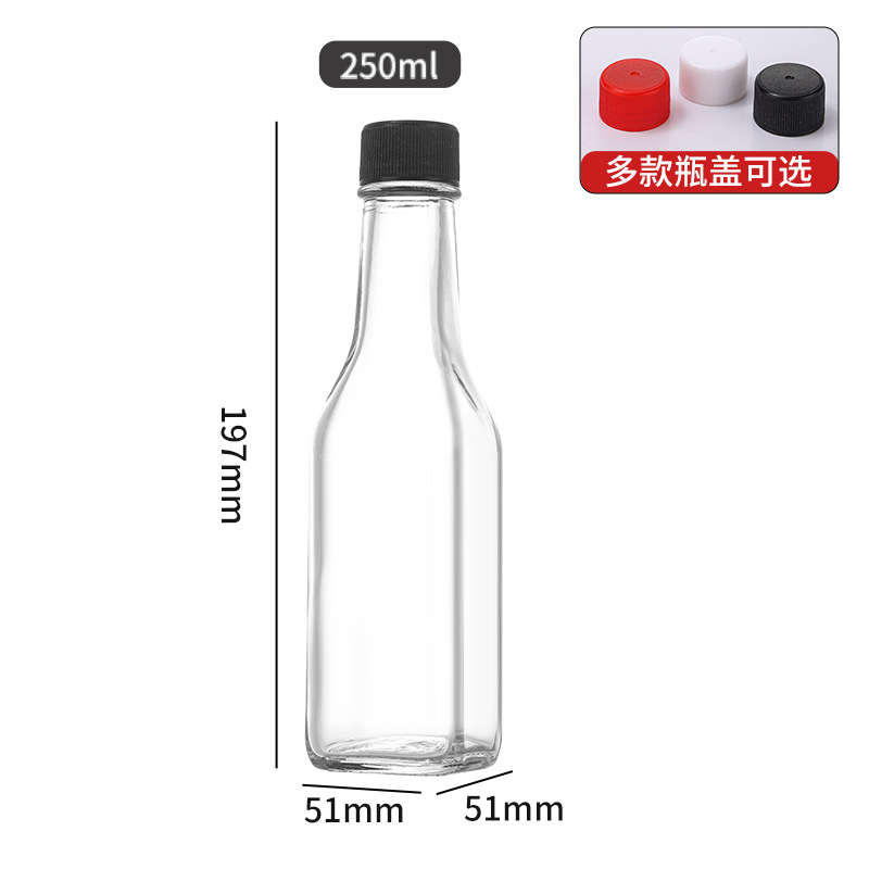 Botella de vidrio de tomate cuadrada al por mayor 250ml botella de ensalada de sushi redonda transparente botella de embalaje