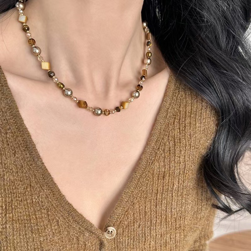 美拉德虎眼石串珠项链女秋冬锁骨链轻奢小众毛衣链复古锁骨链饰品