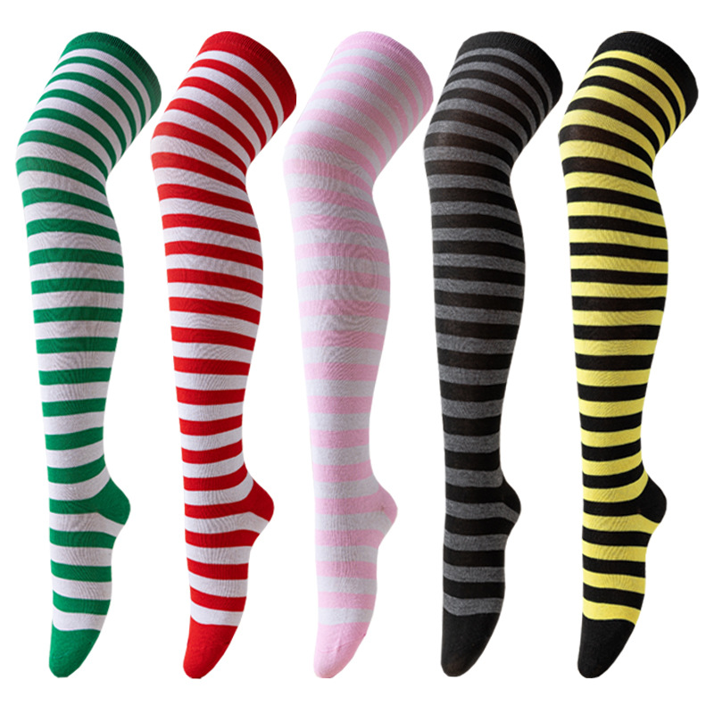 European and American Cross-Border Striped Long Socks for Women, Christmas Holiday Party Cosplay Thigh-High Socks Over-The-Knee Socks