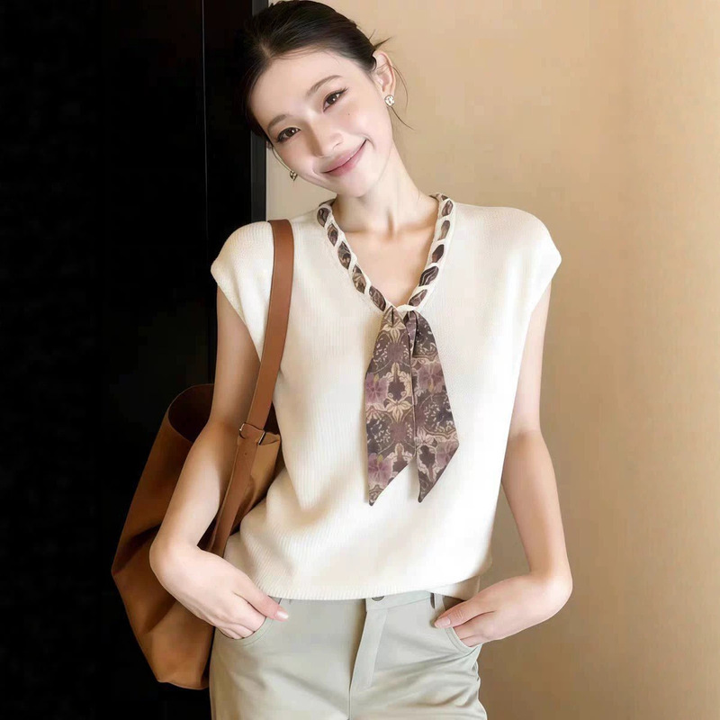 Brother's Boutique Quality Spring/Summer New Versatile Design Ribbon V-Neck Unique Beautiful Thin Knit Short-Sleeve Top for Women