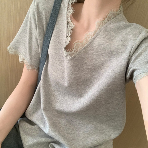 Small Size Lace Edge V-Neck Short-Sleeve T-Shirt for Women - Summer New Arrival Korean Style Design-Focused Loose and Versatile Solid Color Top