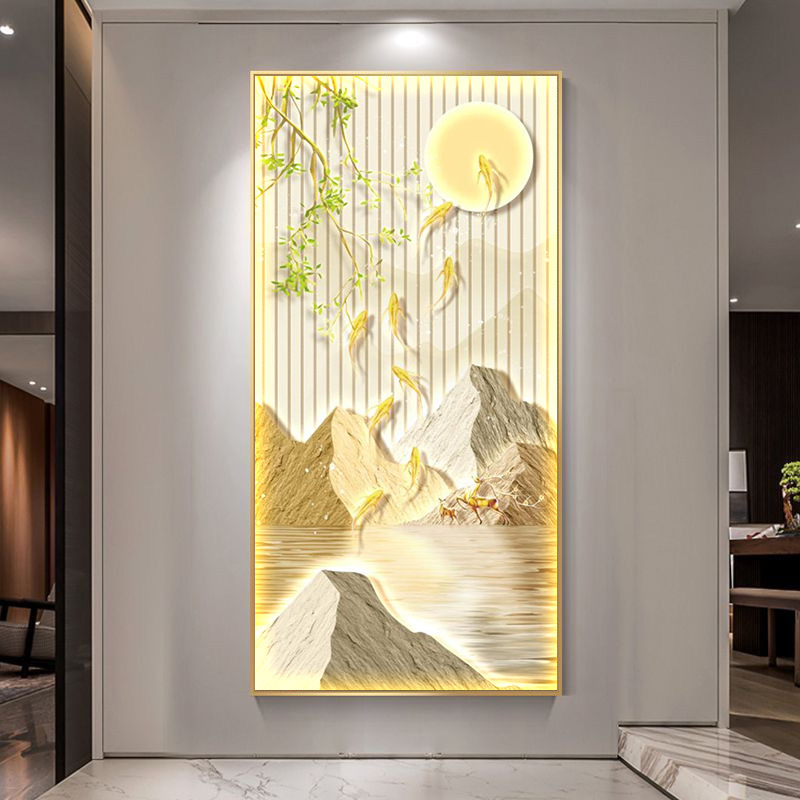 九鱼图玄关装饰画新中式山水走廊过道壁画灯画入户正对门客厅挂画|undefined