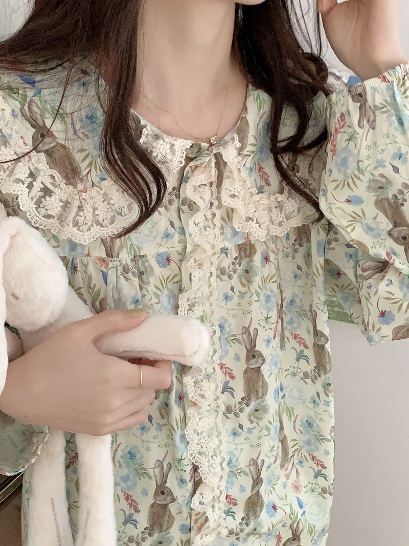 实拍  少女可爱小兔纯棉长袖睡衣女2023年蕾丝花边家居服套装