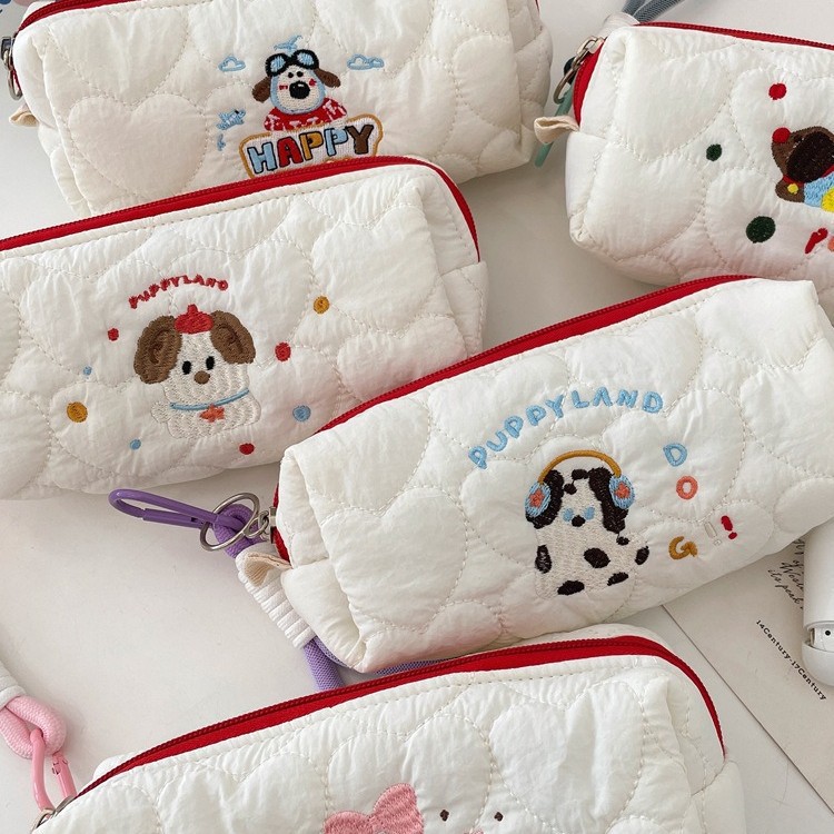 49211 New Large Capacity Student Pencil Case, Portable Puppy Embroidered Makeup Bag, Cartoon Casual Stationery Storage Bag
