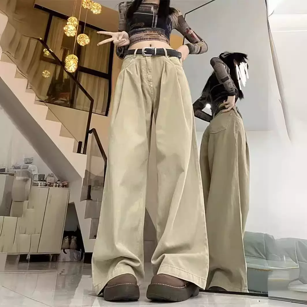 【韩牛】2025年秋季新款卡其色宽松显瘦垂感高腰直筒阔腿牛仔裤女