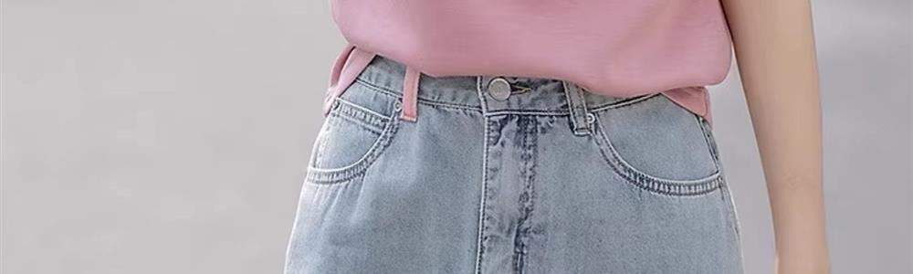 Áo thun nữ tay ngắn dệt kim lụa băng mát mẻ — màu hồng chi tiết 4
