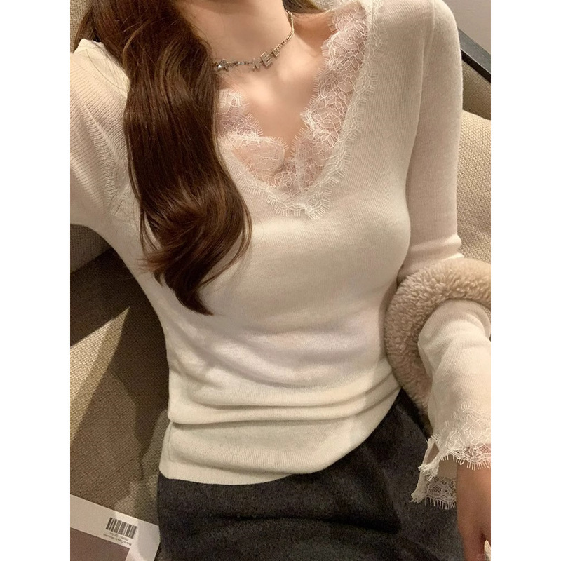 Korean Style Pure Desire V Neck Lace Knitted Bottoming Shirt Autumn and Winter New Slim Fit Inner Sweater Long-Sleeved Knitwear Top Korean Style Pure Desire V Neck Lace Knitted Bottoming Shirt Autumn and Winter New Slim Fit Inner Sweater Long-Sleeved Knitwear Top
