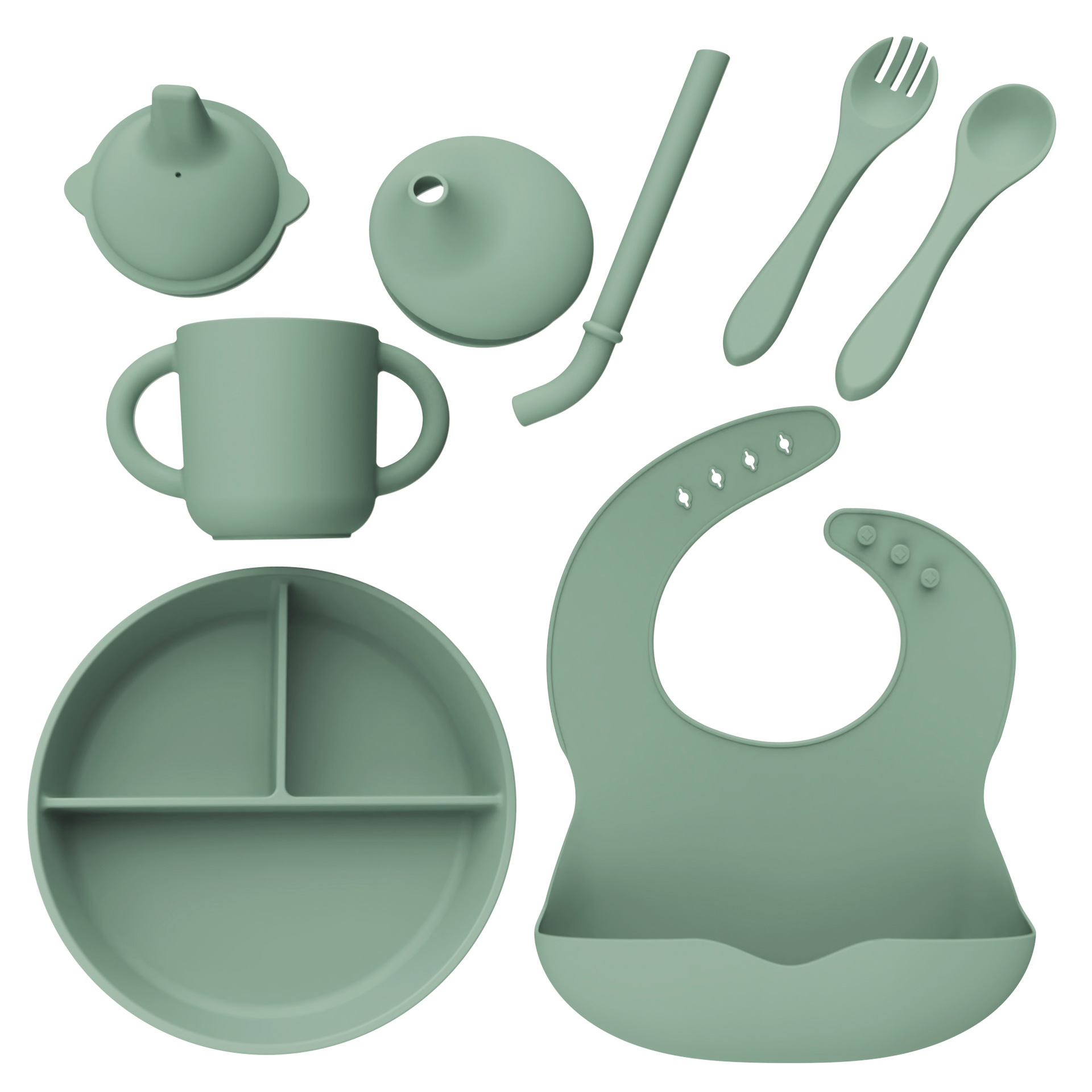 Set de cubiertos de silicona para bebés 5 piezas set de platos de comedor de tres cuadrados Bajazo de paja taza de agua silicona tenedor cuchara 5 piezas set de alimentos suplementarios