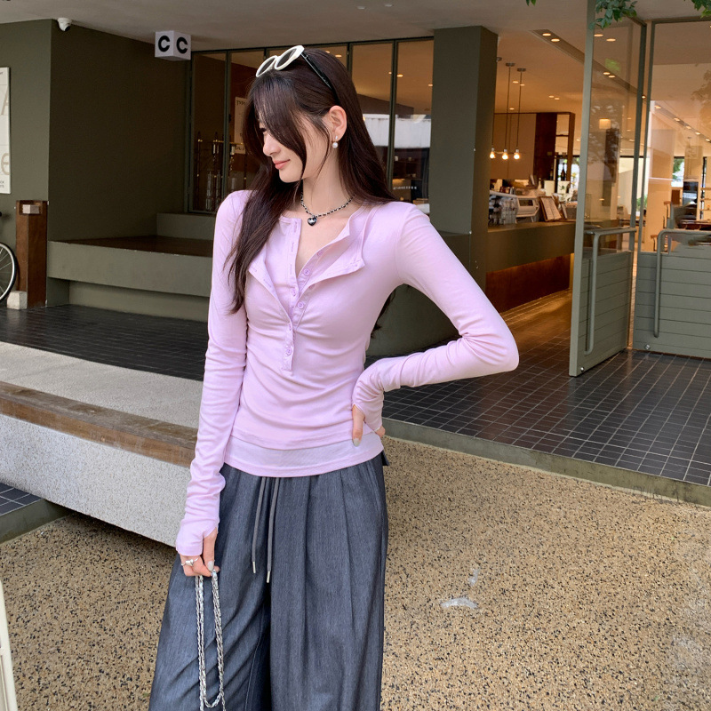 欧货莱赛尔天丝假两件拼接圆领长袖T恤女2025新款设计感打底衫