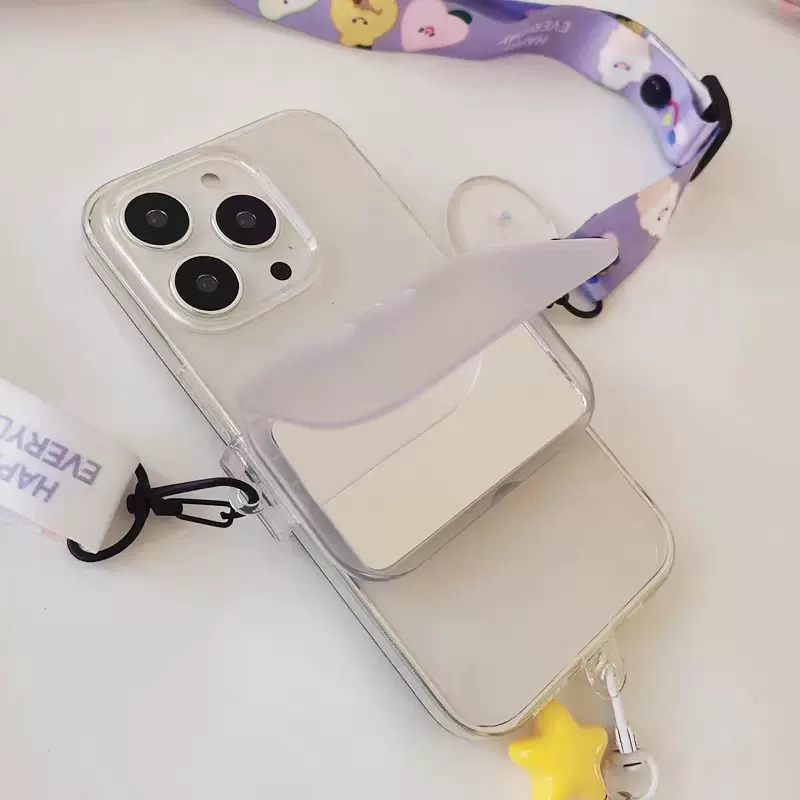 斜跨翻盖补妆镜面手机背夹透明磨砂背夹方形挂绳可印图diy素材