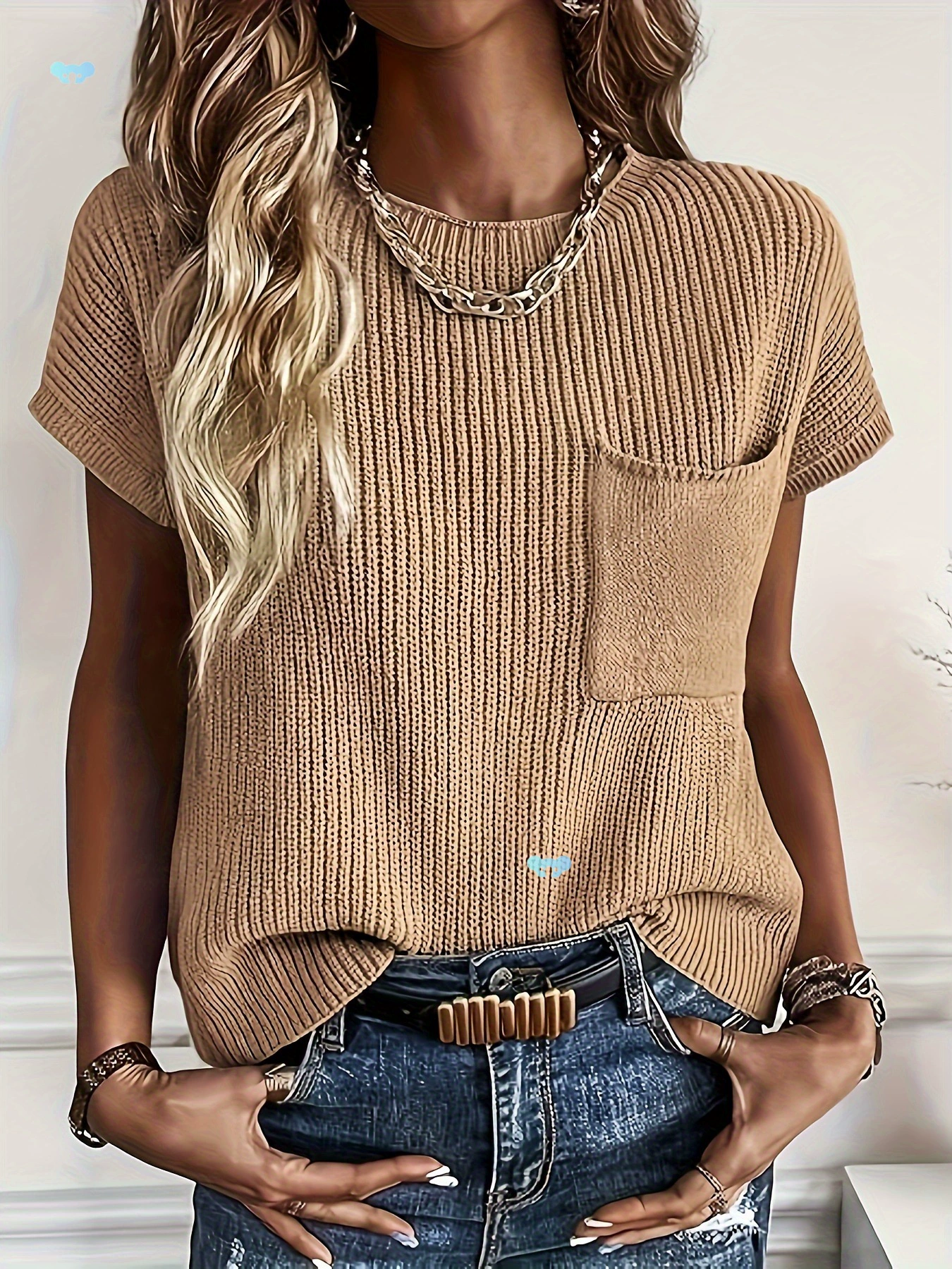 Женский легкий вязаный свитер в рубчик с короткими рукавами, повседневный