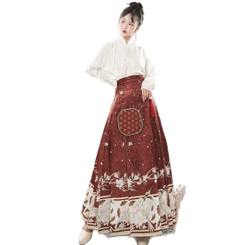 Взрослый оригинальный Hanfu женский вышивкой крестообразный воротник самолётные рукава китайский стиль лошадиного лица юбка костюм повседневное похудение для путешествий