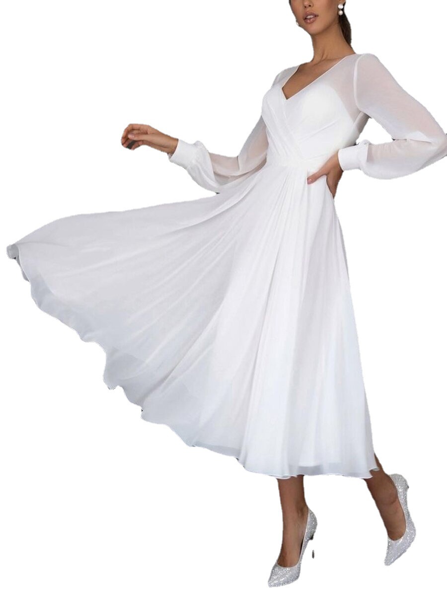 Vestido Largo de Mujer Primavera/Verano 2021, Estilo Europeo y Americano, Vestido de Gasa con Mangas Largas y Corte Evase, Sexy