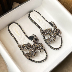 2024新款網紅水鑽拖鞋女平底時尚仙女沙灘大碼涼拖女夏外穿41一43