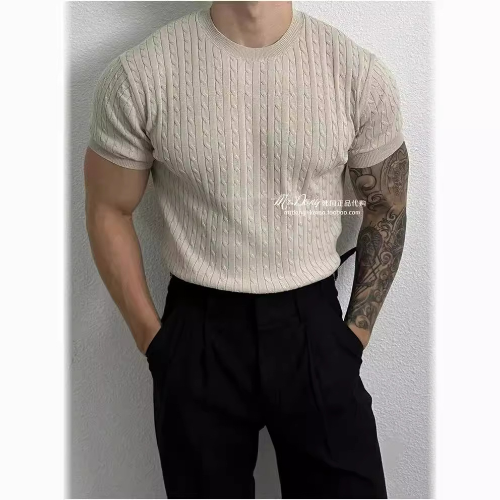 2024 Hong Kong Style New Arrival Sweater Men's Short-Sleeved Slim-Fit Crewneck Striped Solid Color Base-Layer Sweater Sweater