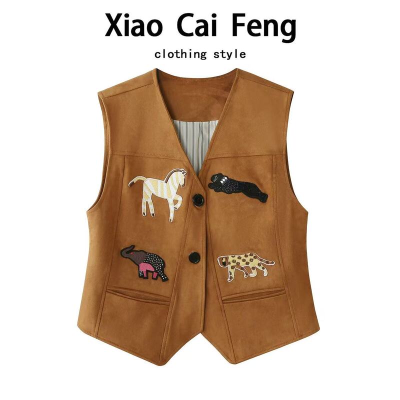 Retro Cartoon Decorative Suede Vest for Women in Spring & Fall, Unique and Chic Outer V Neck Vest Layered Top Retro Cartoon Decorative Suede Vest for Women in Spring & Fall, Unique and Chic Outer V Neck Vest Layered Top