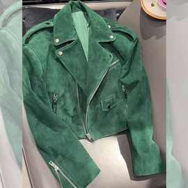 绿色复古炸街机车风皮绒外套女感夹克上衣秋冬新款