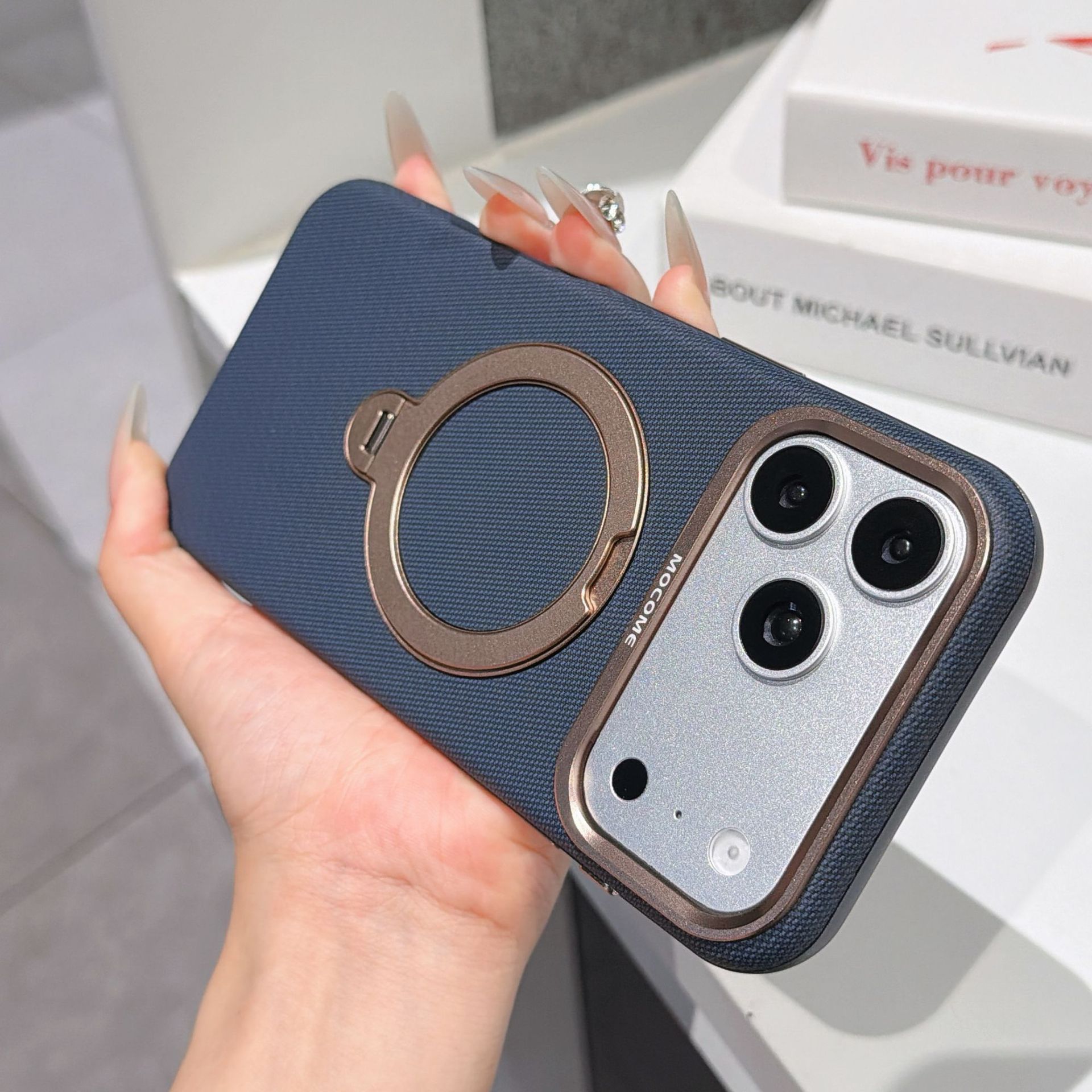Ốp lưng da iPhone 16/17 Pro Max có vòng xoay 360 độ, nam châm hút, chống sốc viền dày — Đen, Nâu, Tím, Xanh dương chi tiết 27