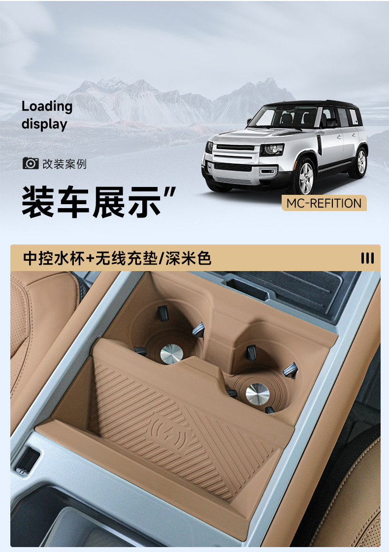 Suitable for 20-26 models of Land Rover Defender 110, wireless charging protective cover, 90 central control water cup holder, non-slip silicone pad