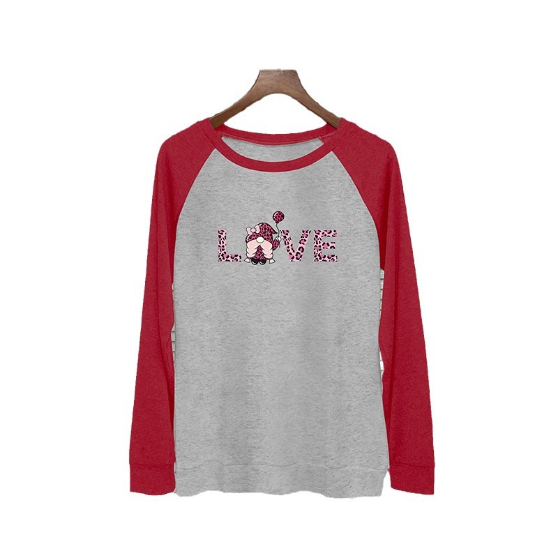 Summer round neck patchwork long sleeved t-shirt, women's LOVE Valentine's Day printed top_voghion.com