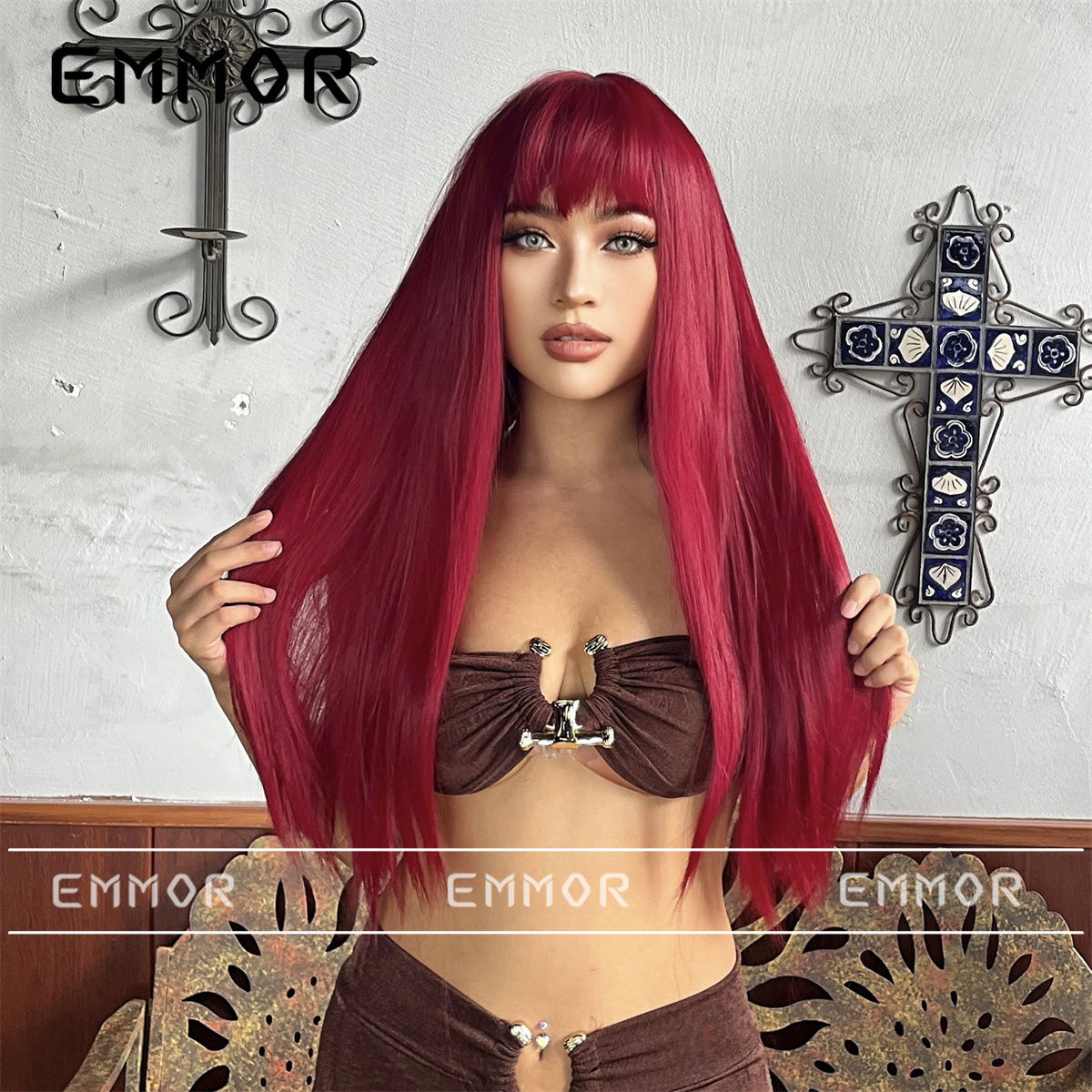 Peluca de las mujeres europeas y americanas diariamente pelo largo recto en línea celebridad realista persona natural pescado rosa Rey del mar pelo largo rojo jk cubierta de la cabeza completa