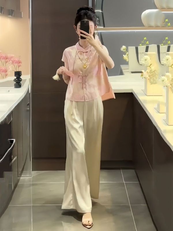 新しい中国風の女性用スーツ、夏の新しいジャカードボタン半袖トップ、ハイウエストワイドレッグパンツ、スリムな2点セット|undefined