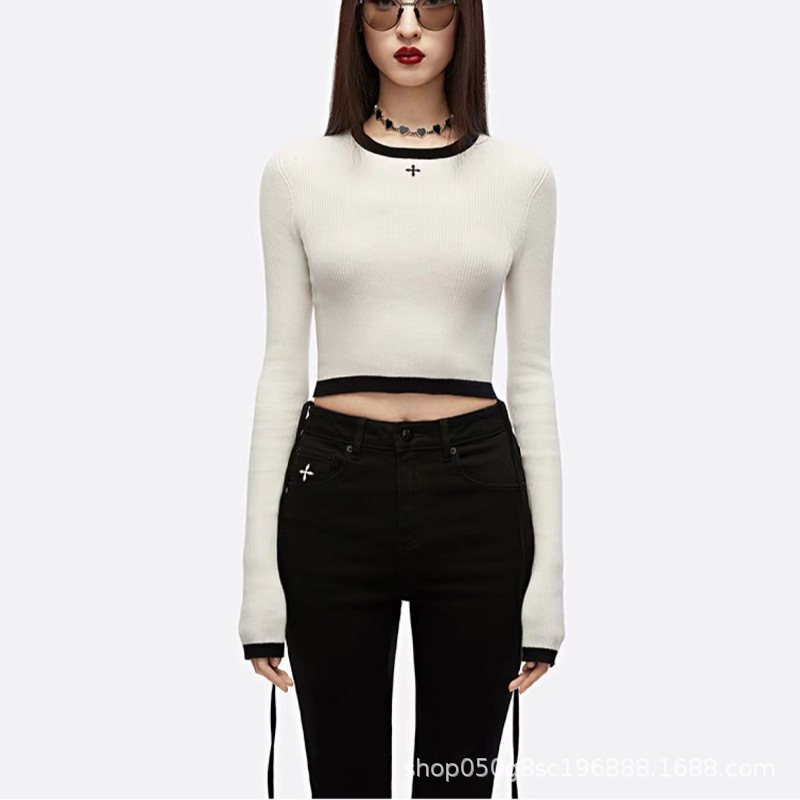 新款SMFK R十字古典羊毛针织衫复古撞色轻薄刺绣白色羊绒休闲长袖