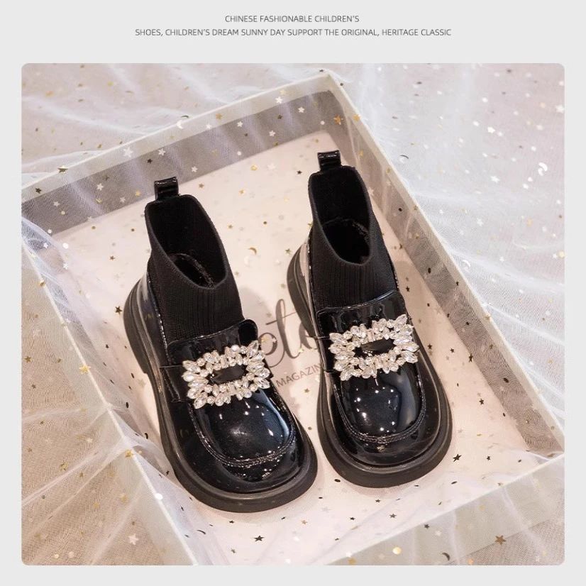 Girls Sock Boots 2024 Spring and Autumn New Princess Martin Boots Children's Leather Shoes Girls Soft Sole Short Boots Black