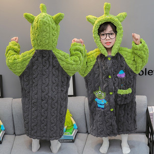 Children's Autumn and Winter Boys' Winter Flannel Pajamas Baby's Long Hooded Anti-Cold Bathrobe Home Bathrobe