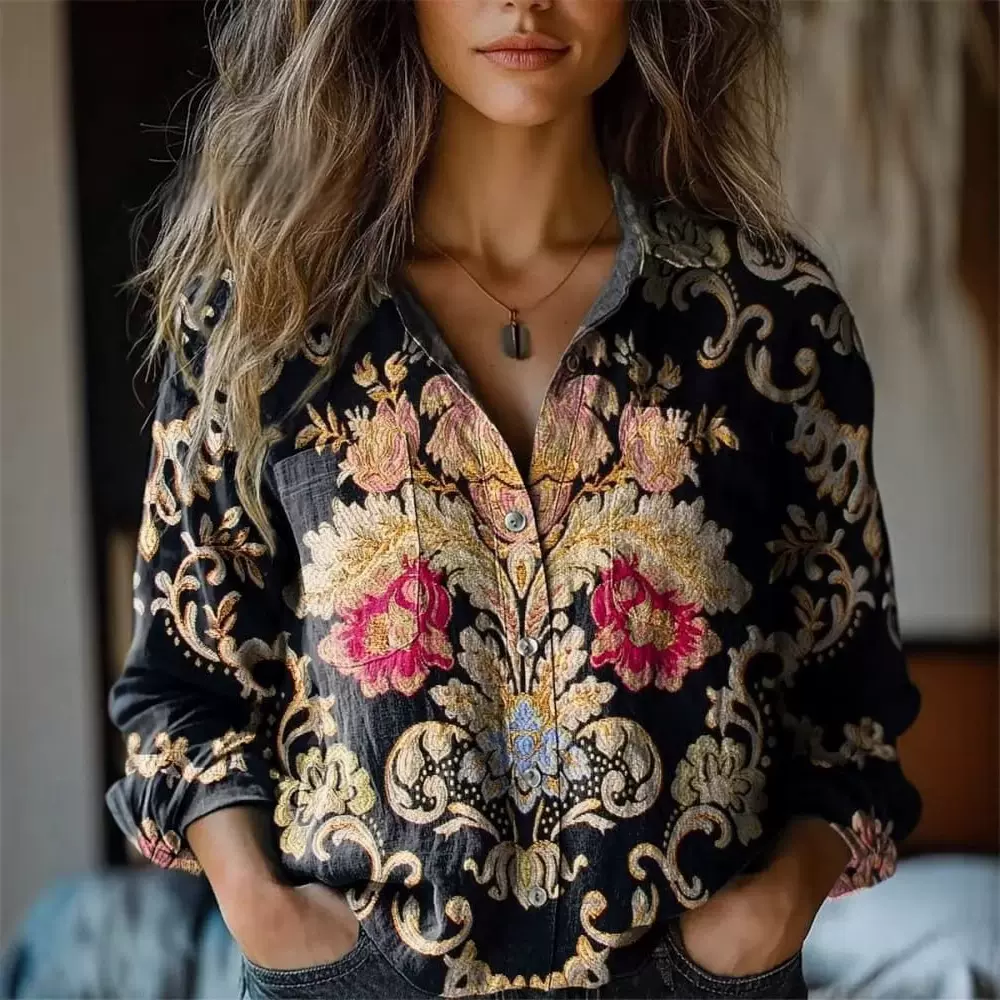 2025新款亚马逊跨境欧码专供时尚女装欧美百搭3D印花休闲翻领衬衫