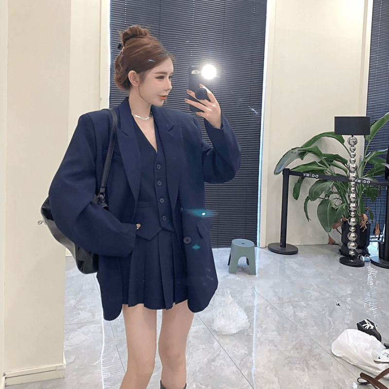 韩系宽松西装外套v领马甲背心高腰百褶裙三件套女春秋季时尚套装|undefined