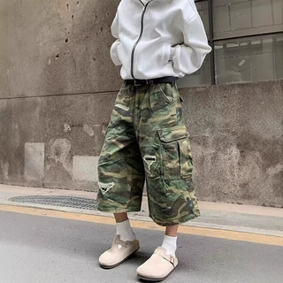 美式街头水洗破坏做旧口袋迷彩短裤男女夏季潮宽松休闲工装七分裤