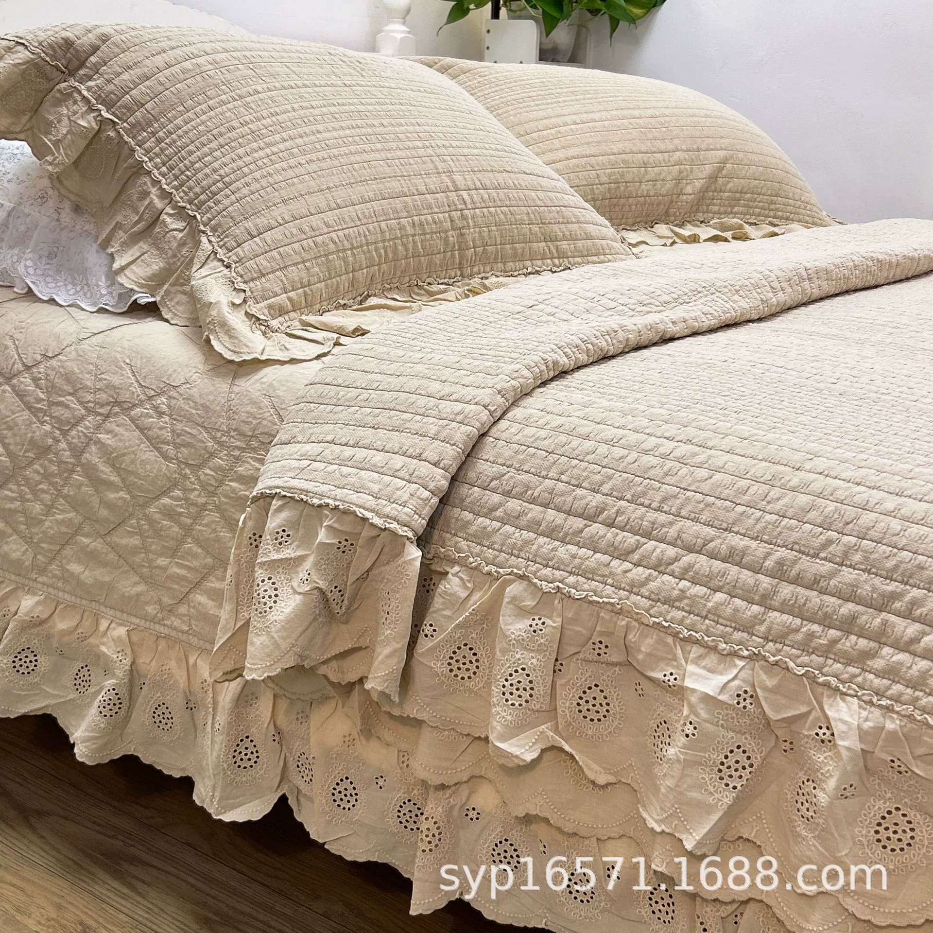 Новинка!!! Хлопковая крашеная песчаного цвета ткань voile crepe нити четырехкомпонентный комплект с кружевной отделкой