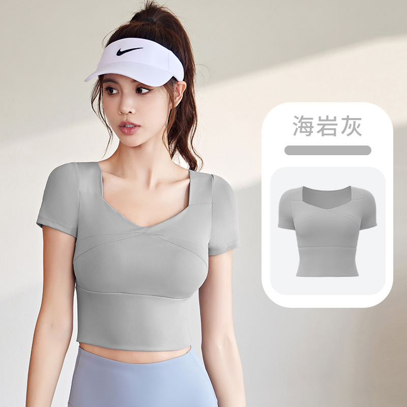 Juyitang costura ropa de Yoga de secado rápido con almohadilla en el pecho yoga manga corta sensación desnuda slim fit adelgazamiento deportes fitness top
