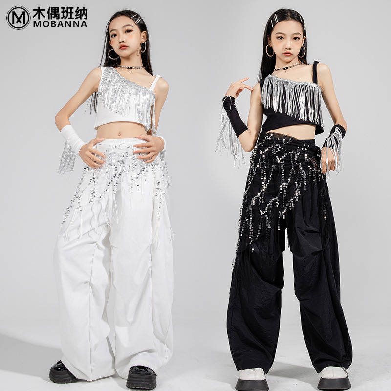 儿童爵士舞服潮酷露脐衣时髦演出服女童走秀潮服女孩街舞练功套装