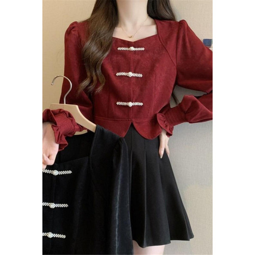 Larger size long-sleeved women's shirt for early autumn, 2025 Chinese style, national wind red, distinctive, slimming, covering the stomach, temperament top
