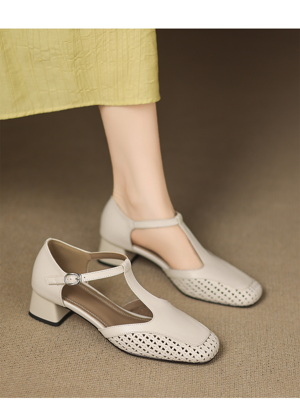 Sandal quai chữ T bít mũi da bò lớp đầu gót thô 4cm đục lỗ thoáng khí — Màu đen chi tiết 14