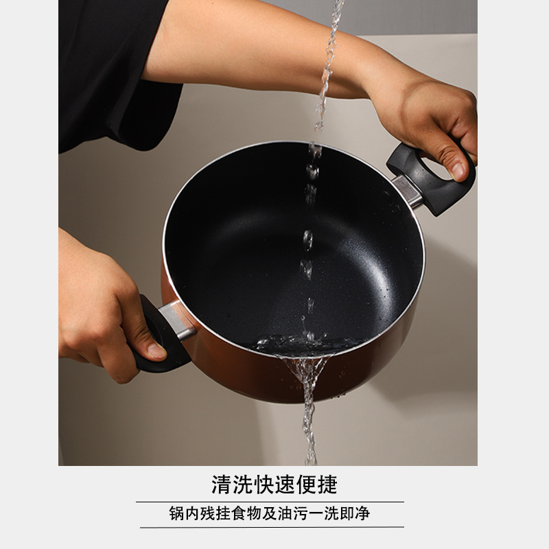 Fábrica de fuente nueva olla de aleación de aluminio casera filete frito frito de huevo no pegajoso doble oreja olla de sopa de sopa al por mayor