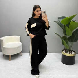 简约休闲风拼色运动套装 圆领上衣+垂感阔腿裤两件套 定向LL168