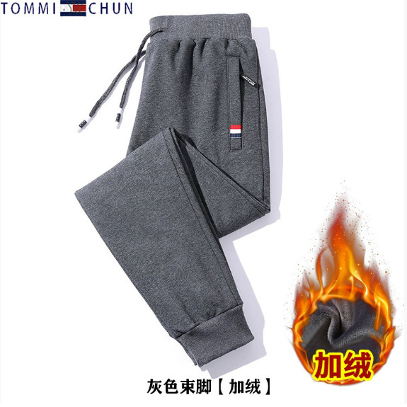 美国汤米卫裤松紧腰棉运动裤男士秋冬季加绒保暖中青年大码休闲裤