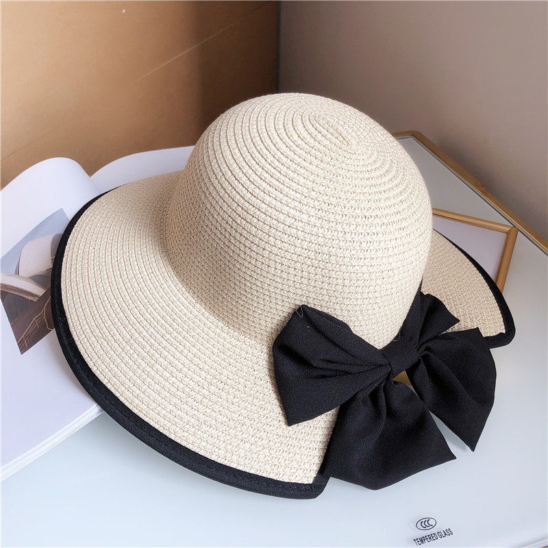 Korean Style Summer Sunshade Straw Hat for Women with Bow, Flat Top, Wide Brim, Sun Protection, Beach Hat, Versatile and Fashionable for Outings Korean Style Summer Sunshade Straw Hat for Women with Bow, Flat Top, Wide Brim, Sun Protection, Beach Hat, Versatile and Fashionable for Outings