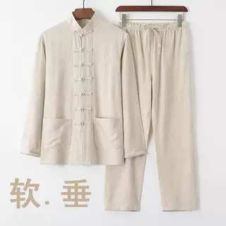 棉麻唐装中式长袖套装男式中国风复古宽松太极茶服居士服团队套装
