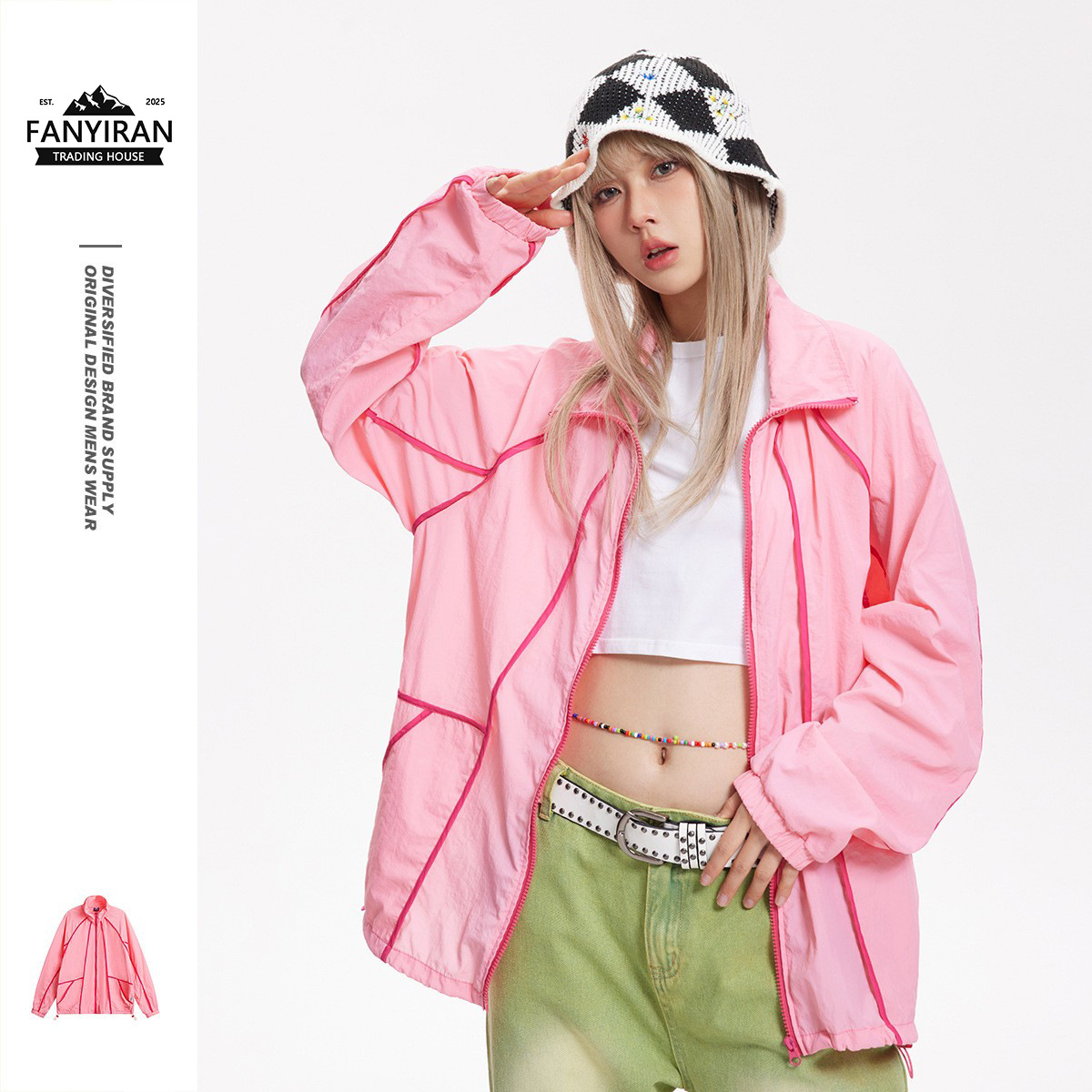 N-52Trw Korean Trendy Brand Stand-Up Collar Jacket for Men and Women Loose Jacket Thin Summer Pink Sun Protection Clothing W107