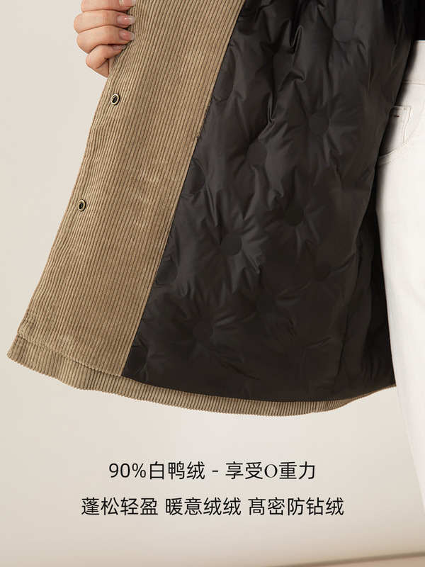 鑫阁复古巴恩风格纹拼接灯芯绒外套女冬季羽绒宽松中长款工装夹克|undefined